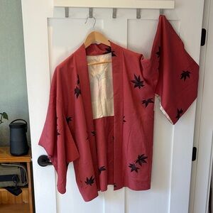 Red Kimono with Black Leaf Pattern